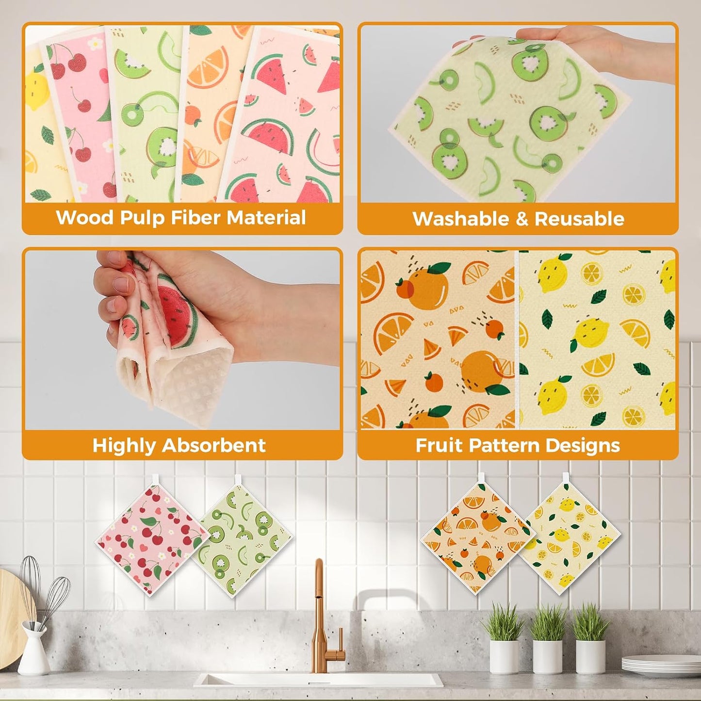 wlich 10 Pack Swedish Dishcloths, Reusable Kitchen Towels with Clips, Fruit | Non-Scratch Kitchen Towels and Dishcloths Sets, Washable Swedish Dish Cloths with Clips, for Dishes, Counters, Glass, Sink