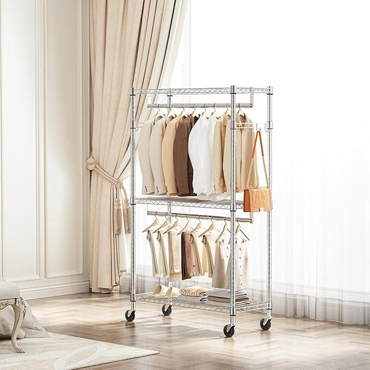 Heavy Duty Rolling Garment Rack 3 Tiers Adjustable Wire Shelving Clothes Rack - Image 2