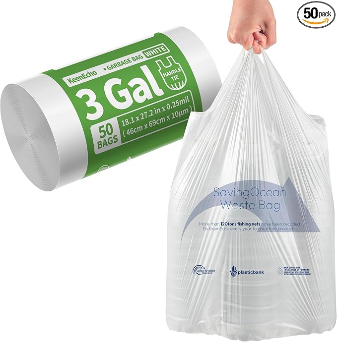 Small Trash Bags with Handles 3 Gallon 50 Count White by KeenEcho