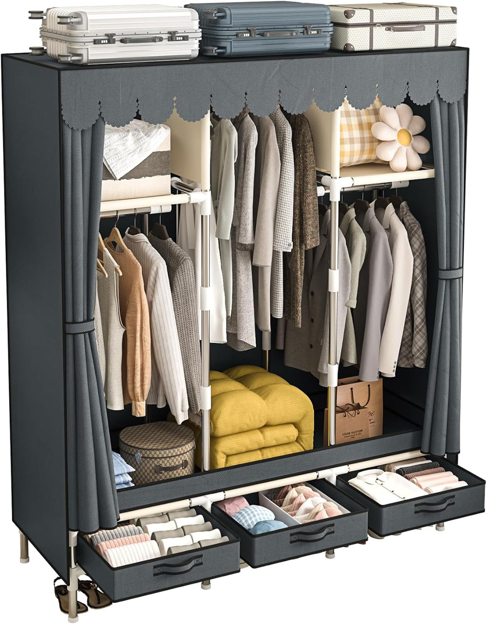 Portable Armoire Wardrobe Closet with 3 Drawers and 3 Hanging Rods,Cloth Clos...