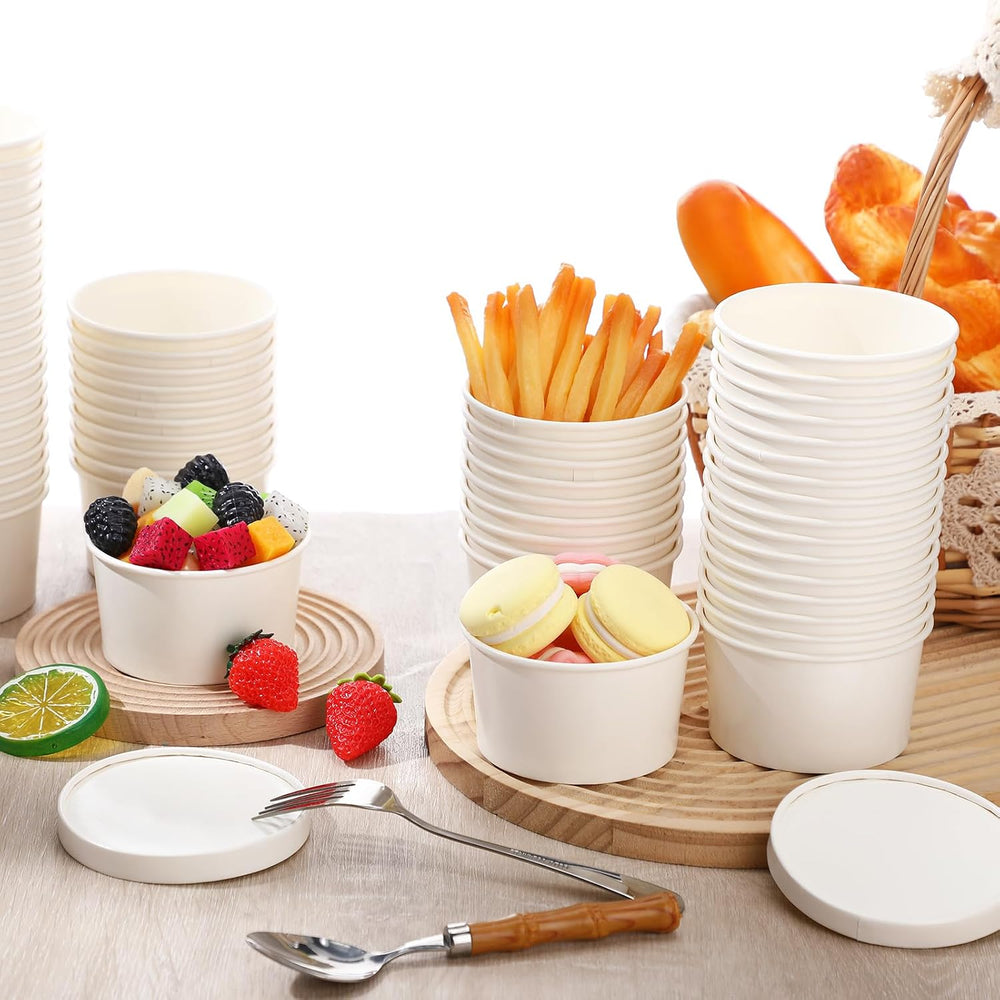 Fulmoon 6 oz 100 Pack Paper Containers with Lids Soup Bowl Cup, White