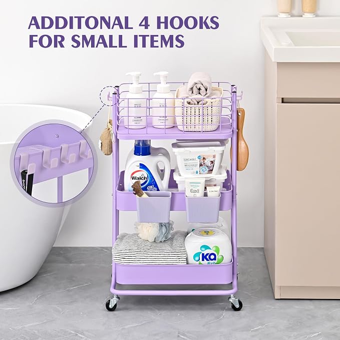 KINGRACK 3 Tier Rolling Cart, Metal Mobile Storage Shelf - Image 5