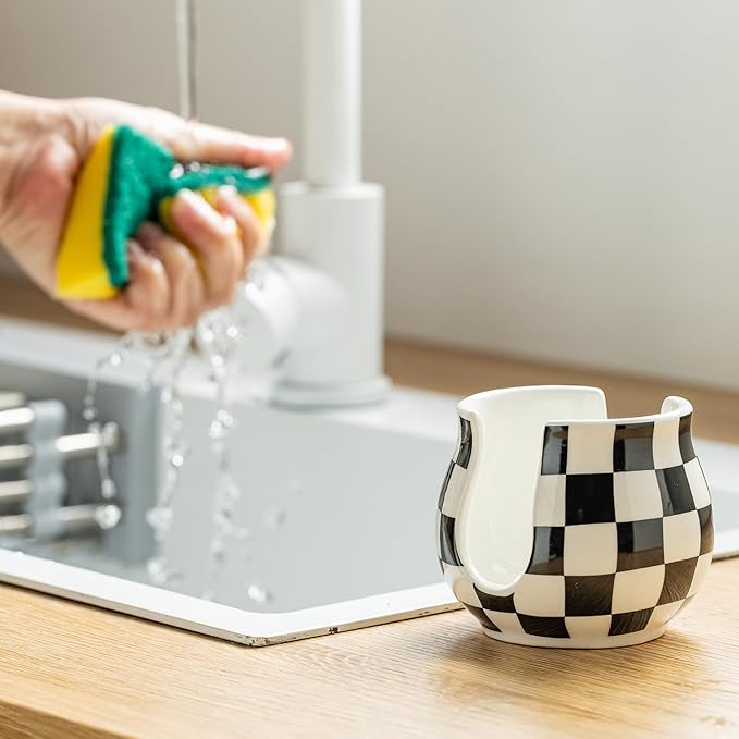 Checkered Sponge Holder for Kitchen Sink, Ceramic Dish Sponge Dish Rack Scrubby - Image 5