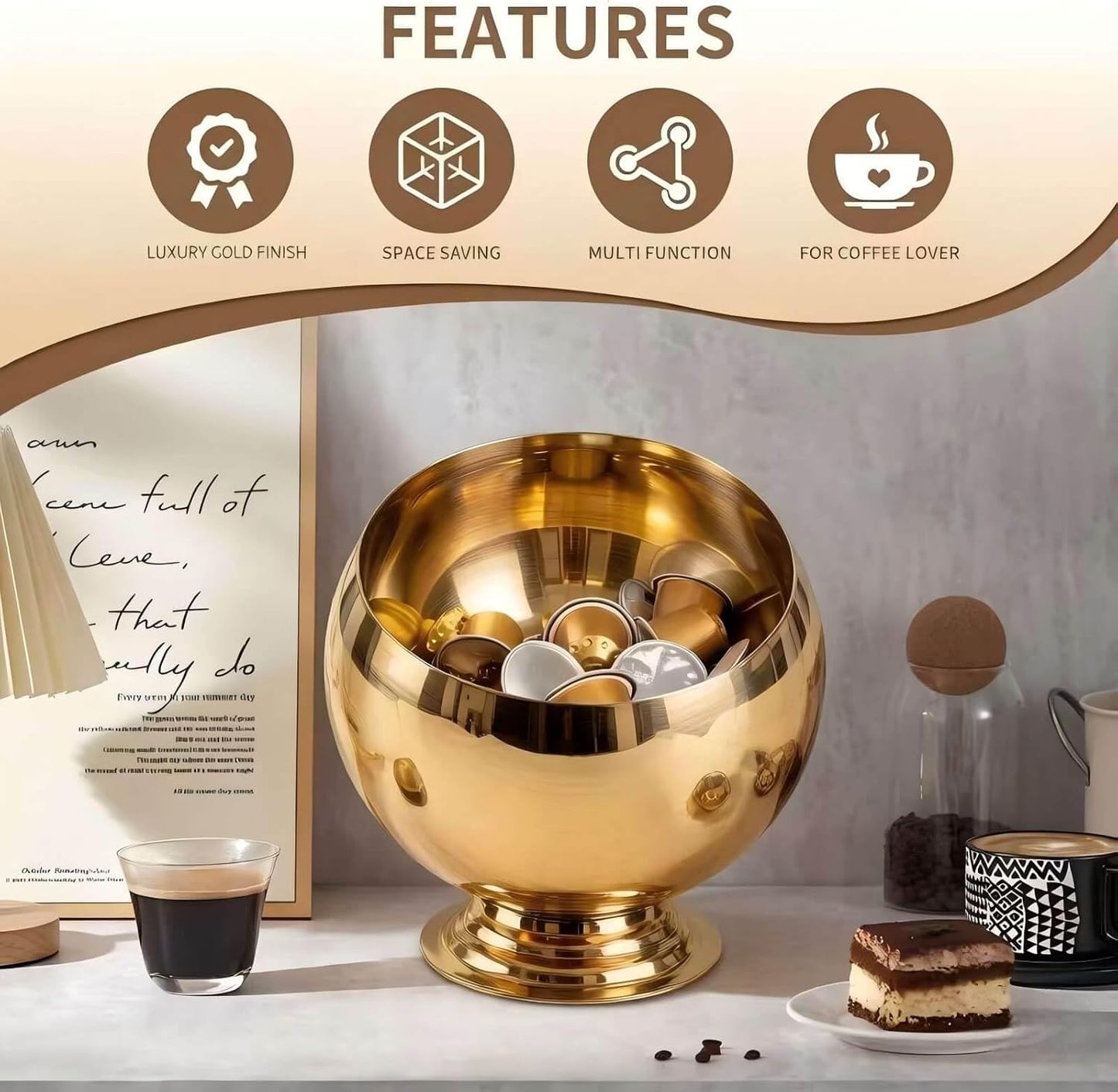 Coffee Pod Holder, Gold | Coffee Pod Storage, K Cup Holder, Espresso Pod Holder, Coffee Pod Organizer