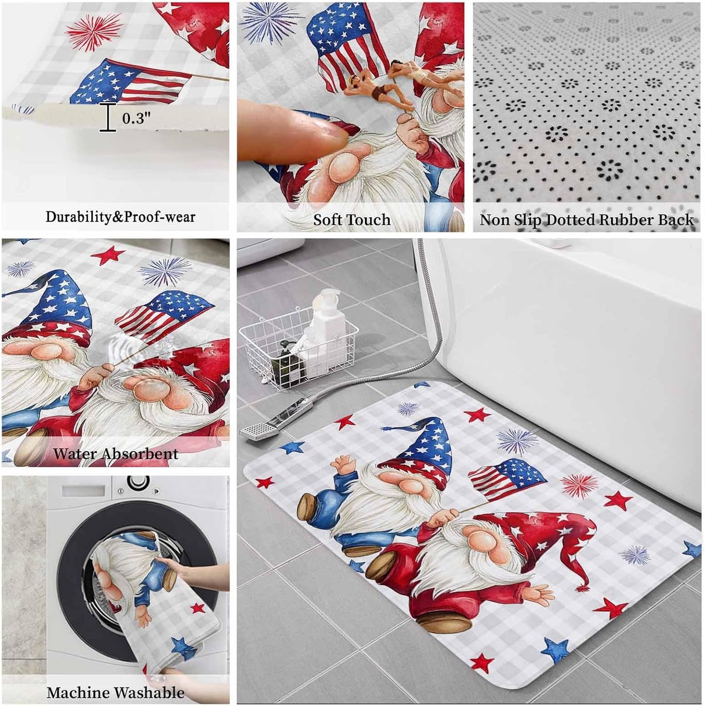 4th of July Bathroom Rugs and Mats Sets 3 Piece Patriotic Stars Gnomes Bath Sets Non Slip Bath Rug Set with U Shape Rug Fireworks Grey Buffalo Plaid Contour Toilet Rug for Bathroom Floor Large Size