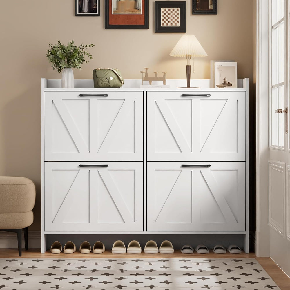 Shoe Storage Cabinet with 4 Flip Drawers, Freestanding Hidden Shoe Cabinet wi...