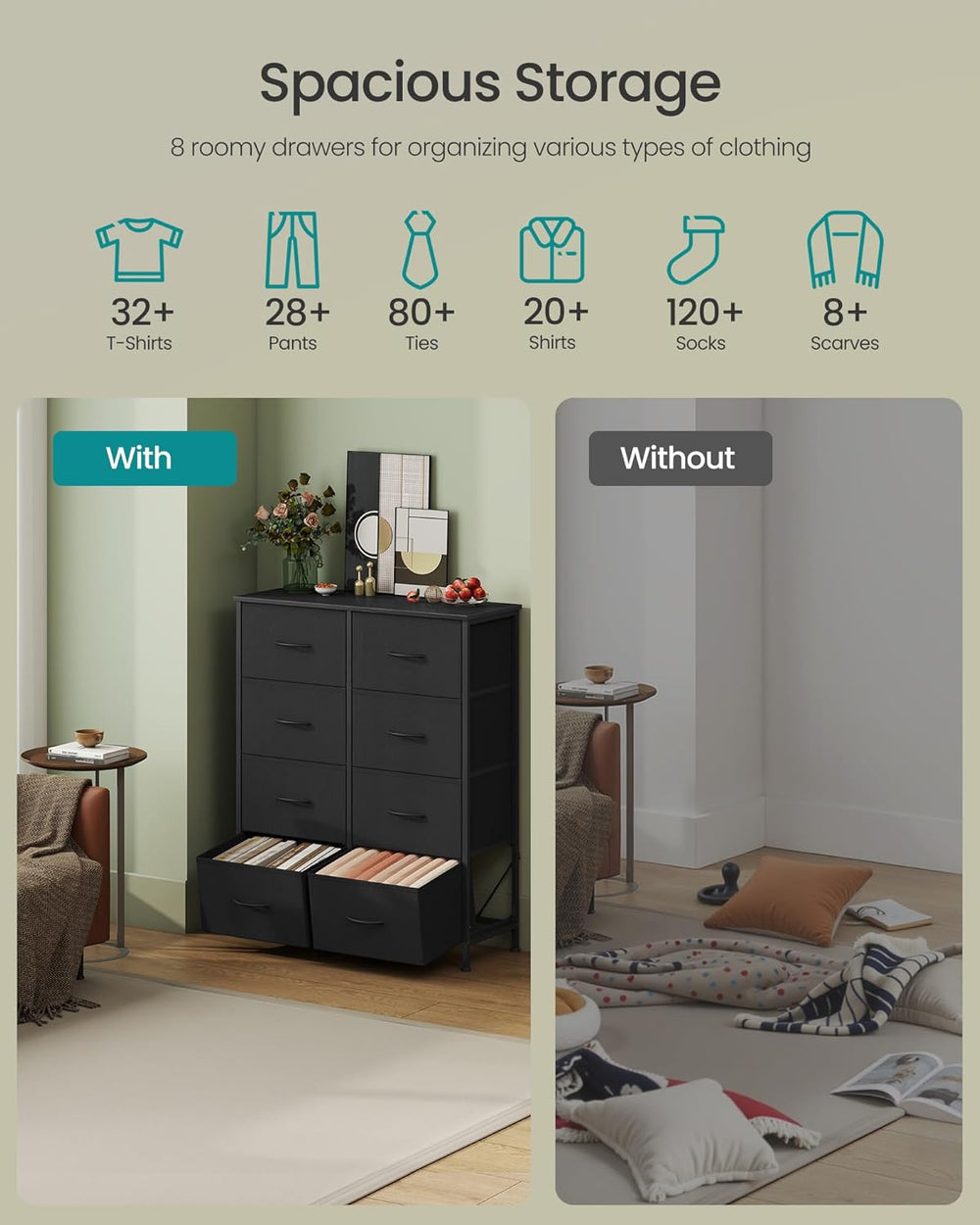 SONGMICS Dresser for Bedroom, Chest of Drawers, Steel, MDF, 8 Non-Woven Fabri...
