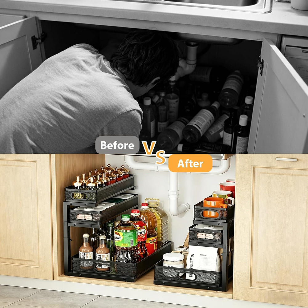2 Pack Bathroom Under Sink Organizer, 3-Tier Pull Out Kitchen Cabinet Organiz...