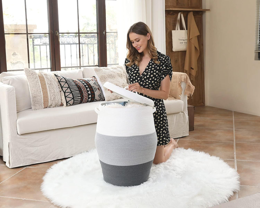26"x20" Extra Large Tall Woven Laundry Basket with Lid, Cotton Rope...