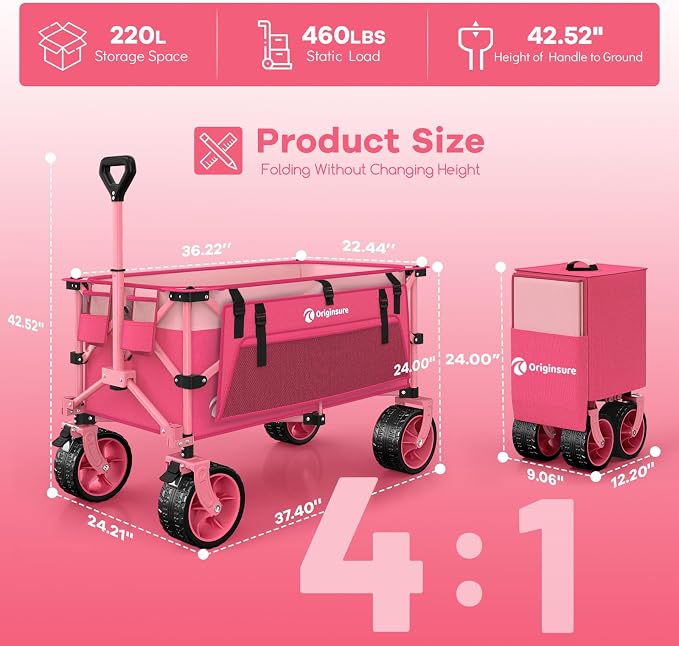 220L Collapsible Wagon Cart Foldable, 460lbs Load Capacity Heavy Duty Folding - Image 2
