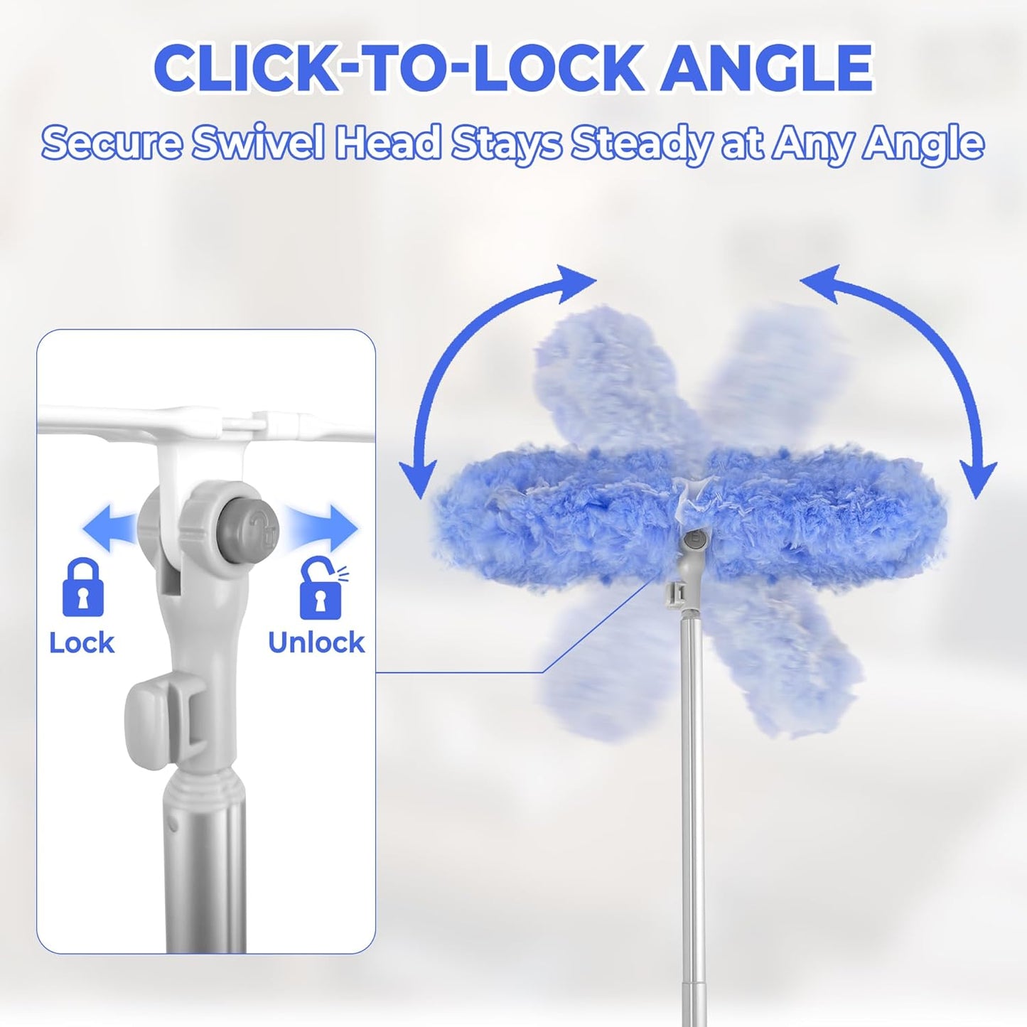 Duster Extended Handle & Long Duster, Compatible with Swiffer, 65.7" Stainless Steel Extension Pole, Locking Angle Fan Duster for Ceiling Fans, Blinds, Tall Cabinets & Home Cleaning Supplies,1 Pack