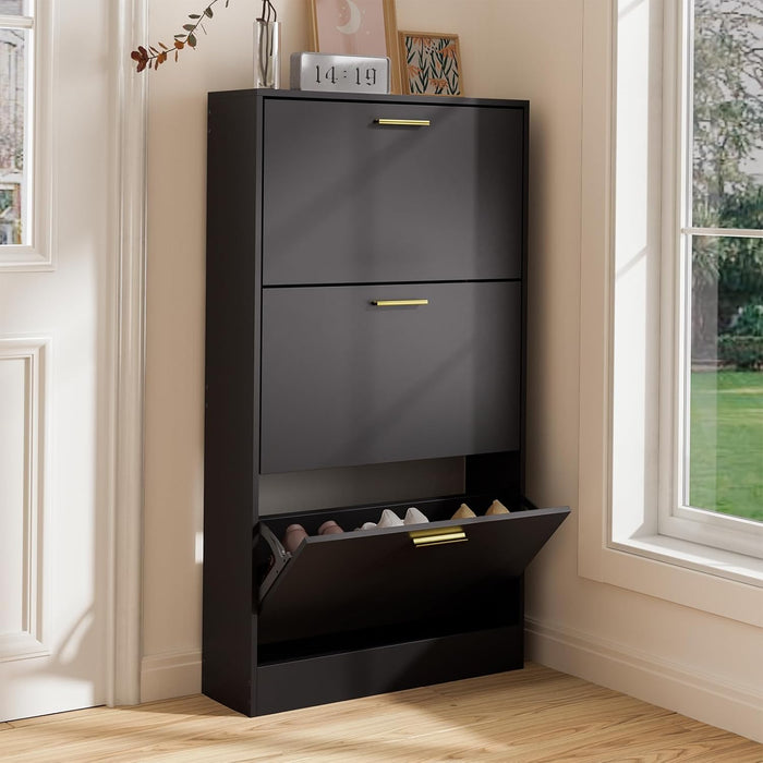 LYNSOM Modern Entryway Shoe Cabinet with 3 Flip Drawers and Top Display, Black丨Free Standing Tipping Bucket Shoe Rack Organizer, Narrow Slim Hidden Shoe Cabinet for Hallway, Livingroom