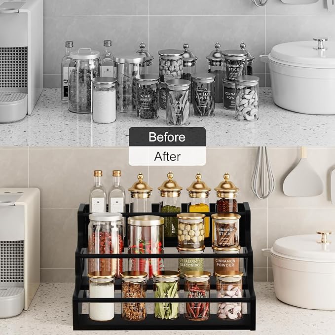 AT-VALY 3-Tier Spice Rack, Iron&MDF Kitchen Storage Shelf, Space-Saving - Image 3