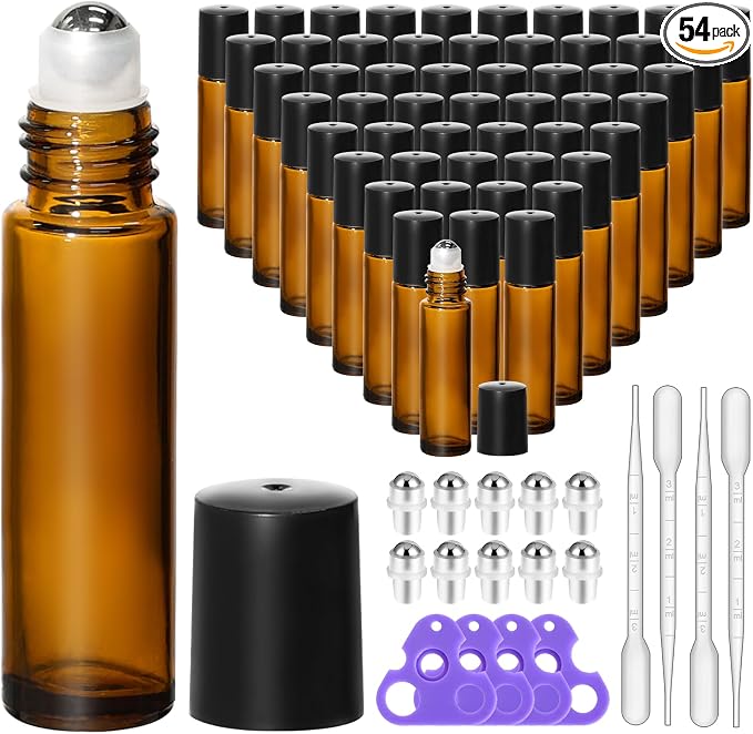 KEYWING 54 Pack Empty Essential Oil Roller Bottles – 10ml Amber Glass Roll-On by KEYWING