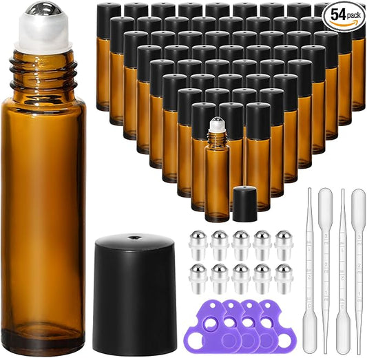 KEYWING 54 Pack Empty Essential Oil Roller Bottles – 10ml Amber Glass Roll-On by KEYWING