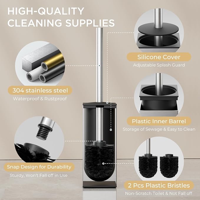 FORIOUS Toilet Brush and Holder Set, Heavy Duty 304 Stainless Steel Base Square - Image 2