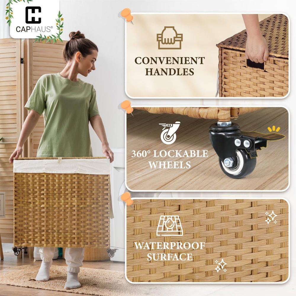 CAPHAUS Laundry Basket w/Wheels, Synthetic Rattan Laundry Hamper w/Lid, Remov...