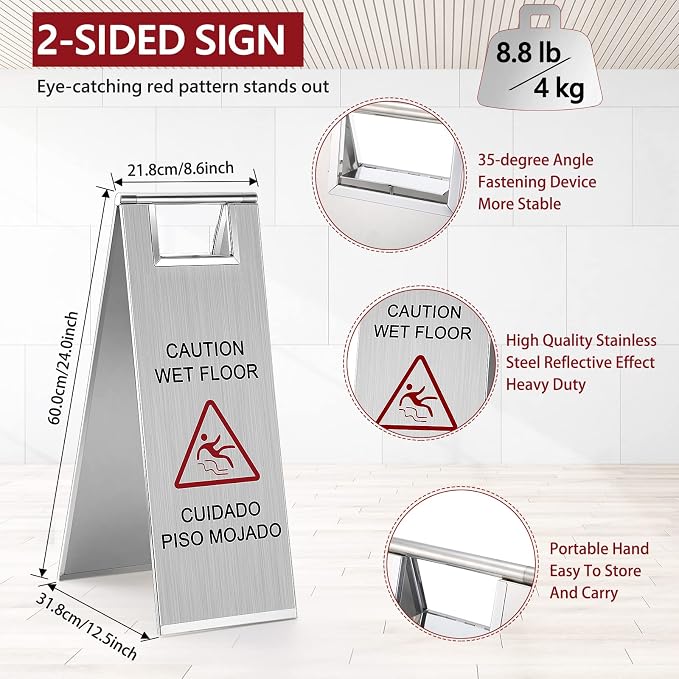 LEIFIDE 4 Pcs Stainless Steel Wet Floor Caution Sign Bulk 8.8 Pound Portable - Image 2
