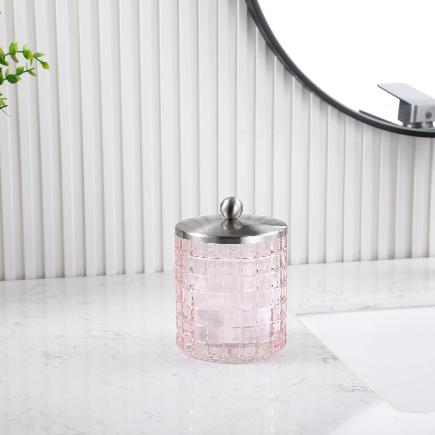 Blush Colored Tranlucent Apothecary Etched Geometric Grid Glass Jar W/Nickel Metal Lid Cover for Bathroom Organization, Cotton Balls, Q Tips, and Small Accessories, Bathroom Storage
