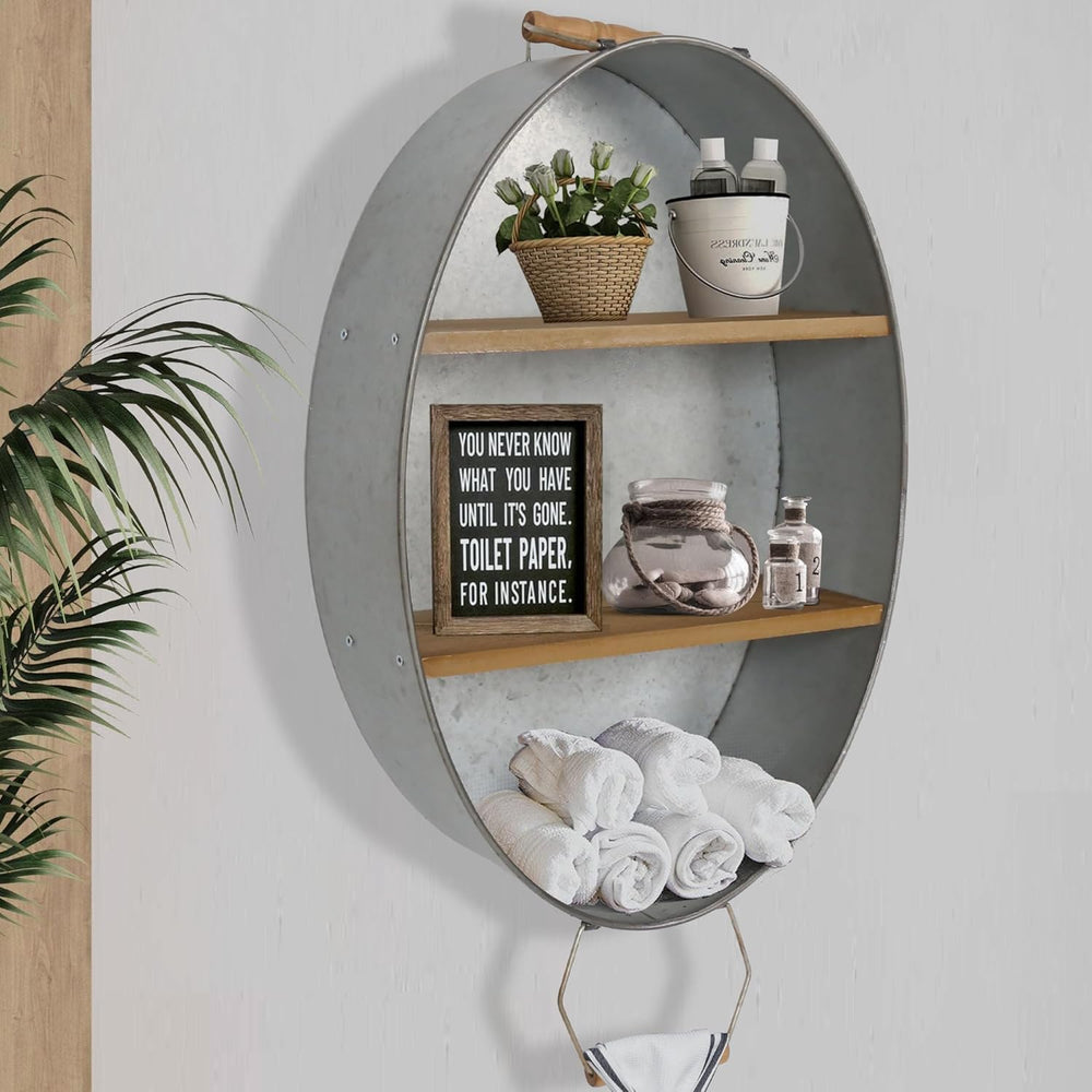 Oakrain Towel Rack with Wood Wall Shelves, Farmhouse Galvanized Wash Tub
