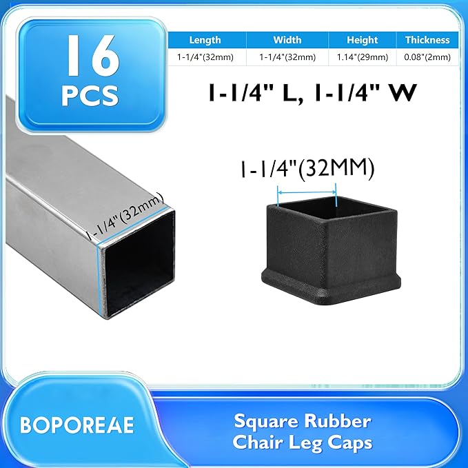16 Pcs 1-1/4" x 1-1/4" Square Rubber Chair Leg Caps, PVC Table Leg Covers - Image 2