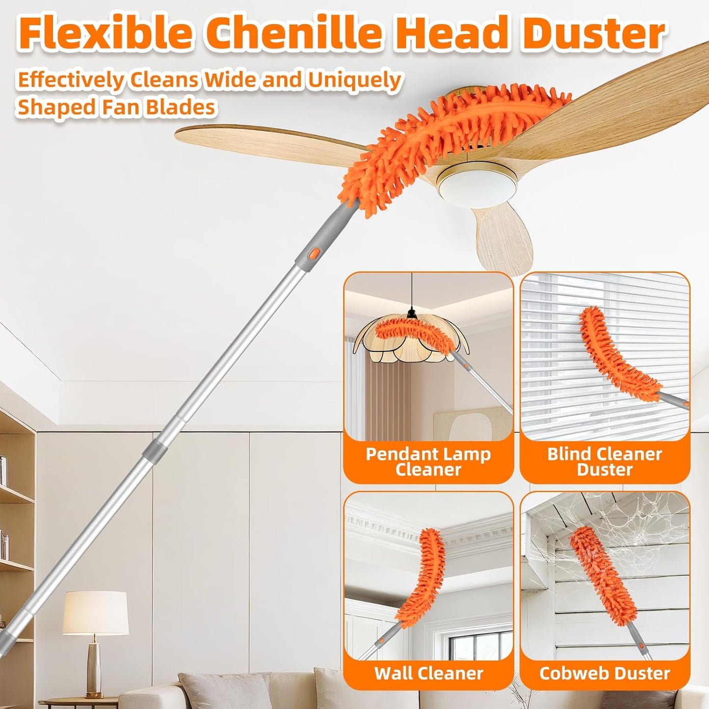 Ceiling Fan Cleaner Duster with 6 Ft/77'' Extension Pole Multi-Functional Chenille Duster Cleaner Kit for Cleaning Fan Blade, Baseboard, Blind, Cobweb, High Ceiling Walls - Reusable & Machine Washable