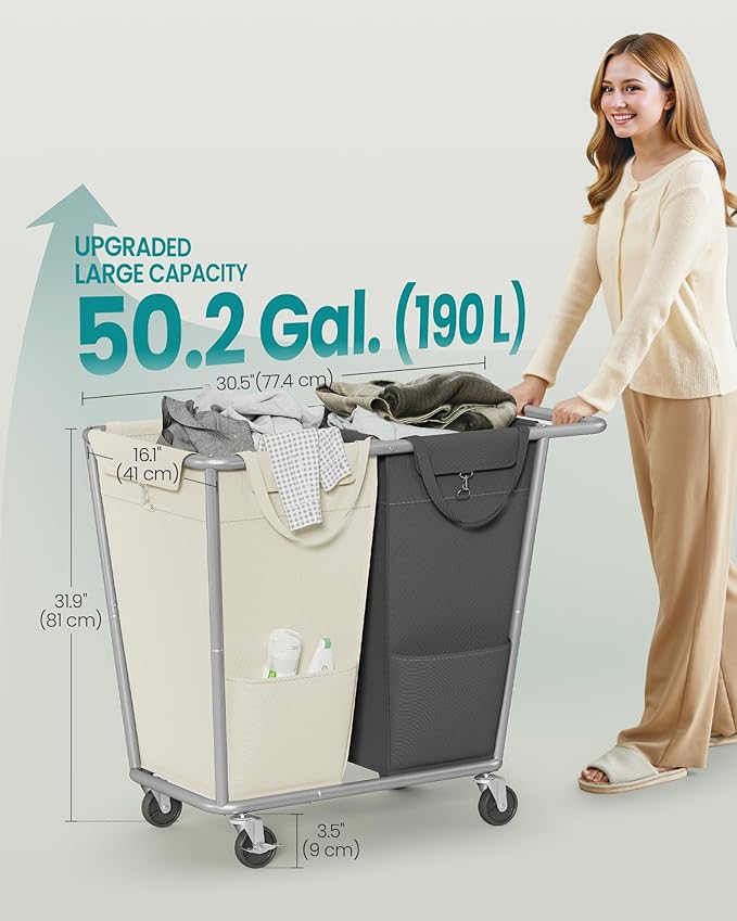 SONGMICS Laundry Basket with Wheels, 50.2 Gallons, 2-Section Rolling Laundry - Image 6