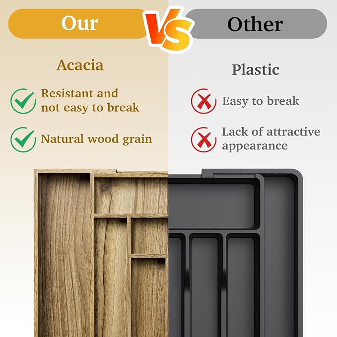 Acacia Wood Kitchen Silverware Drawer Organizer, Expandable Utensil Cutlery - Image 6