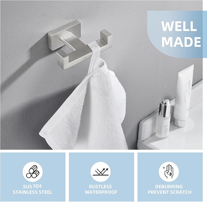 Angle Simple Towel Hook for Bathroom, SUS 304 Stainless Steel Double Robe Coat - Image 3