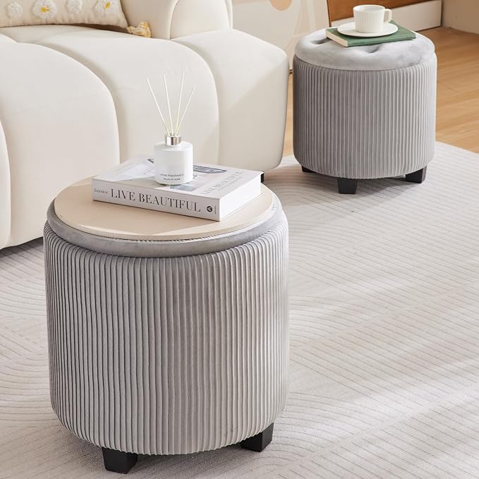 Big Round Ottoman with Storage Set of 2, Upholstered Velvet Vanity Stool - Image 7