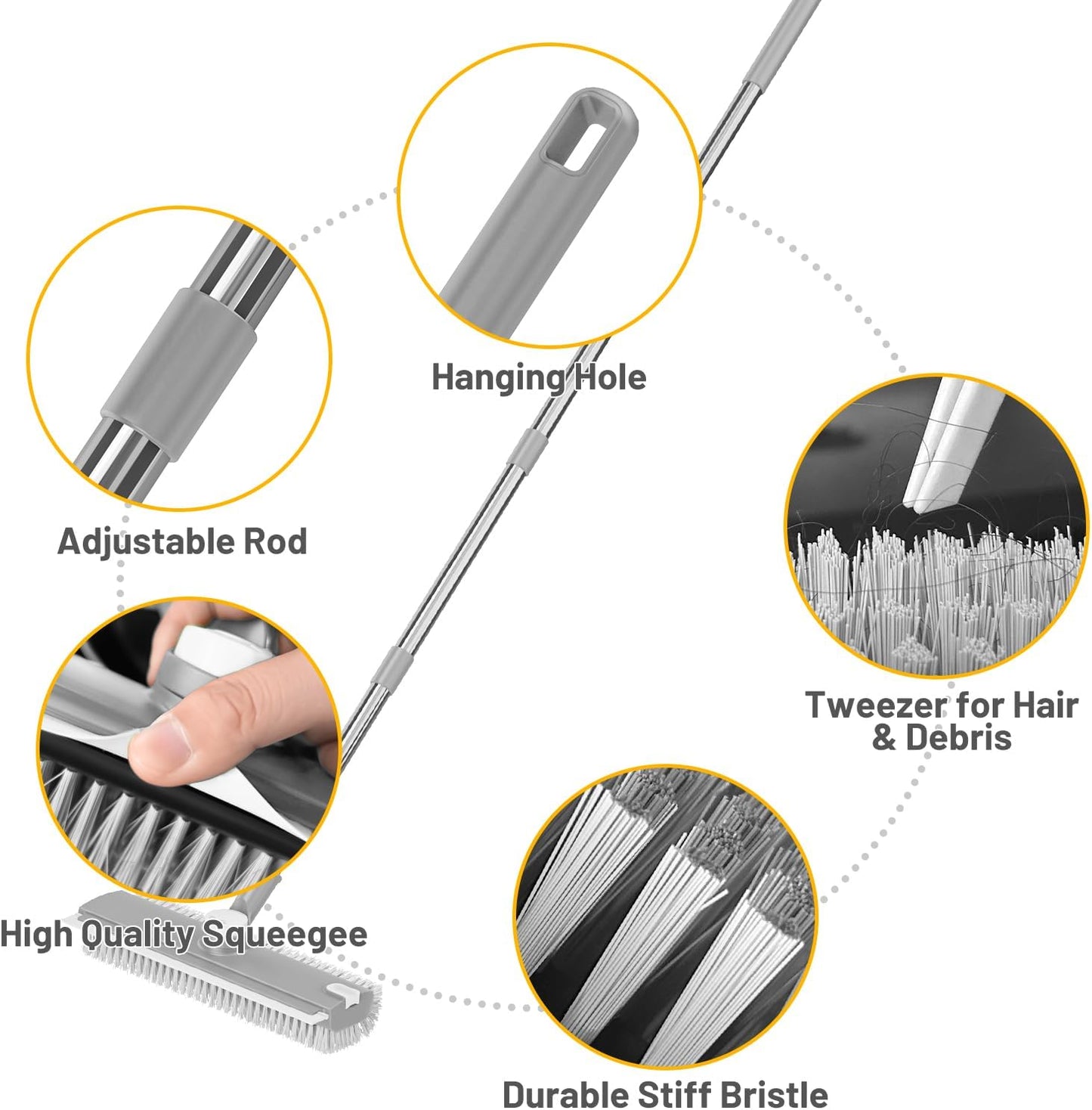 Floor Scrub Brush with Long Handle: 3 in 1 Heavy-Duty Floor Scrubber Brush with Squeegee for Cleaning Tile Bathroom Deck Kitchen Patio - Gray