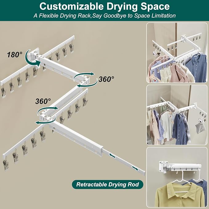 Hoimpro White 51" Clothes Drying Rack Retractable Foldable Wall Mounted - Image 5