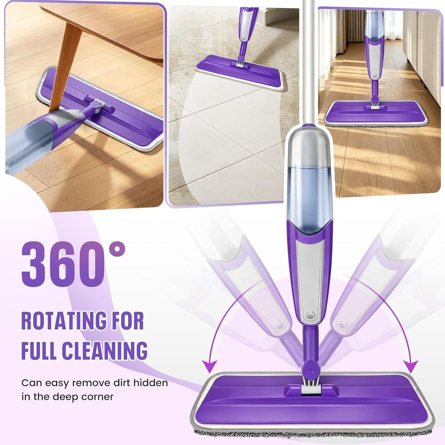 Spray Mop for Hardwood Floors Cleaning with 3 Washable Pads, Microfiber Wet Mops with Sprayer for Home Kitchen Tile Wood Vinyl Laminate,16.9 oz Refillable Bottle, Purple