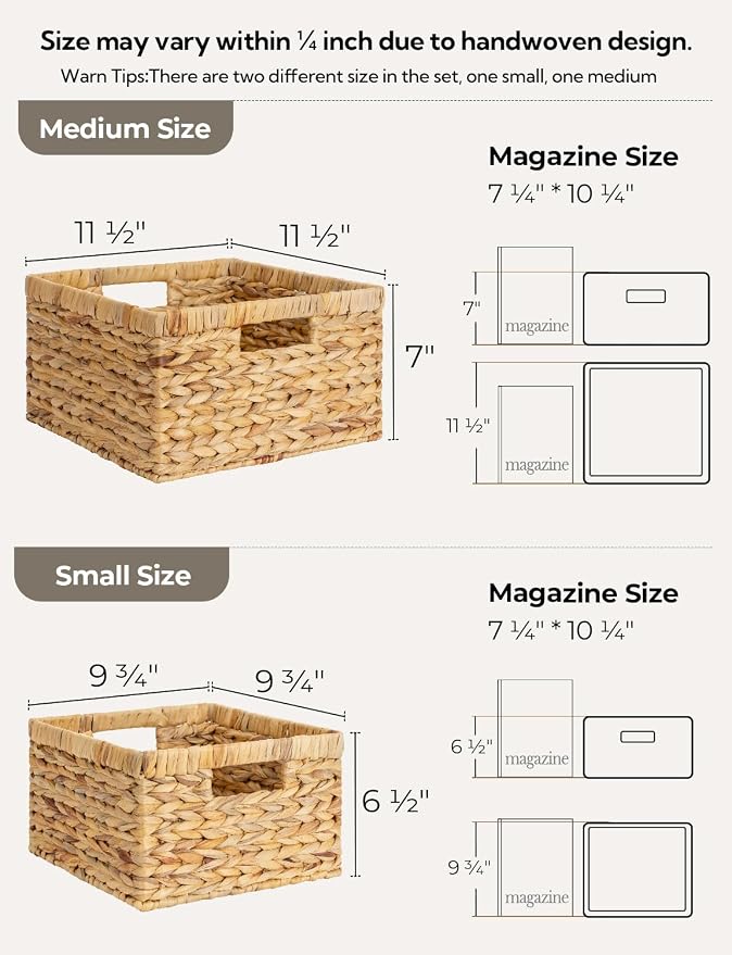 StorageWorks Wicker Storage Basket, Large and Small Baskets, Water Hyacinth - Image 2