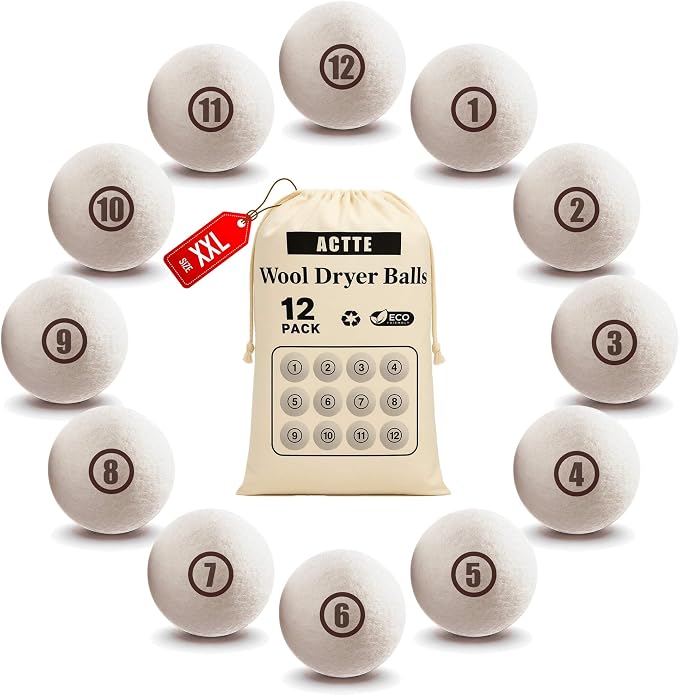 Sheep Wool Dryer Balls 12 Pack XXL Premium Natural Fabric Softener, Reusable by ACTTE