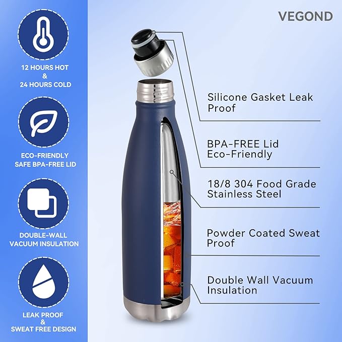 VEGOND 17oz Stainless Steel Water Bottles Bulk, Reusable Metal Sports Water - Image 2