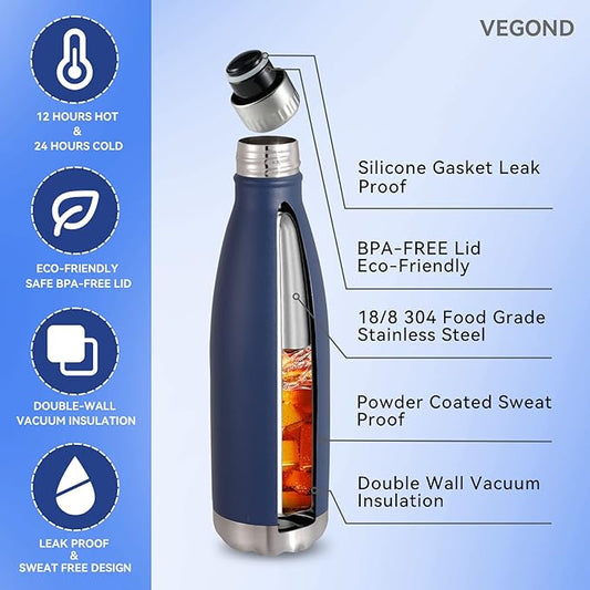 VEGOND 17oz Stainless Steel Water Bottles, Reusable Metal Sports Water Bottle - Image 2