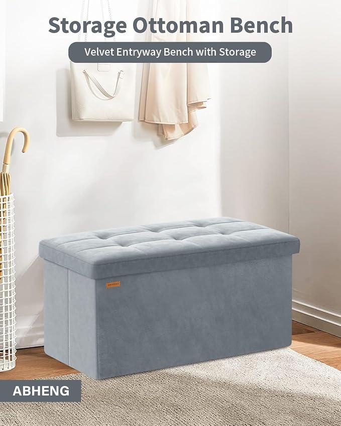 Folding Storage Ottoman, Velvet Storage Bench, Removable Divider, - Image 4