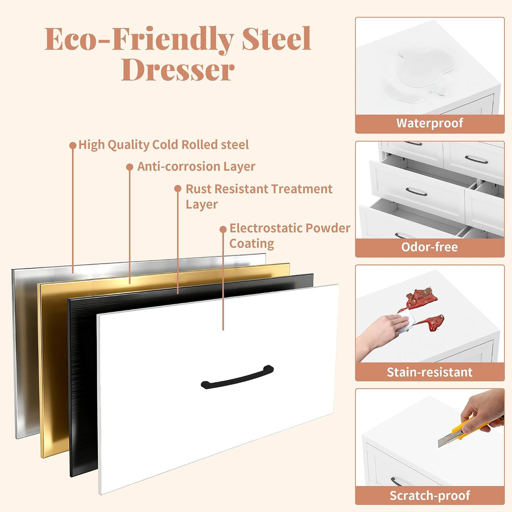 Metal 6 Drawer Dressers for Bedroom, 47" Wide White Steel Chest of Drawe...