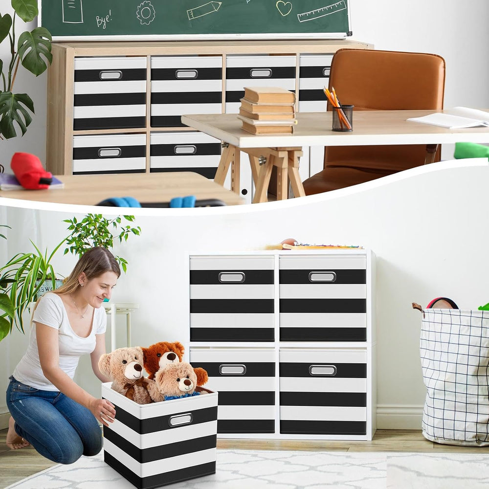 CroBlissful 11 Inch 6 Pcs Fabric Storage Cubes with Handle, Black and White