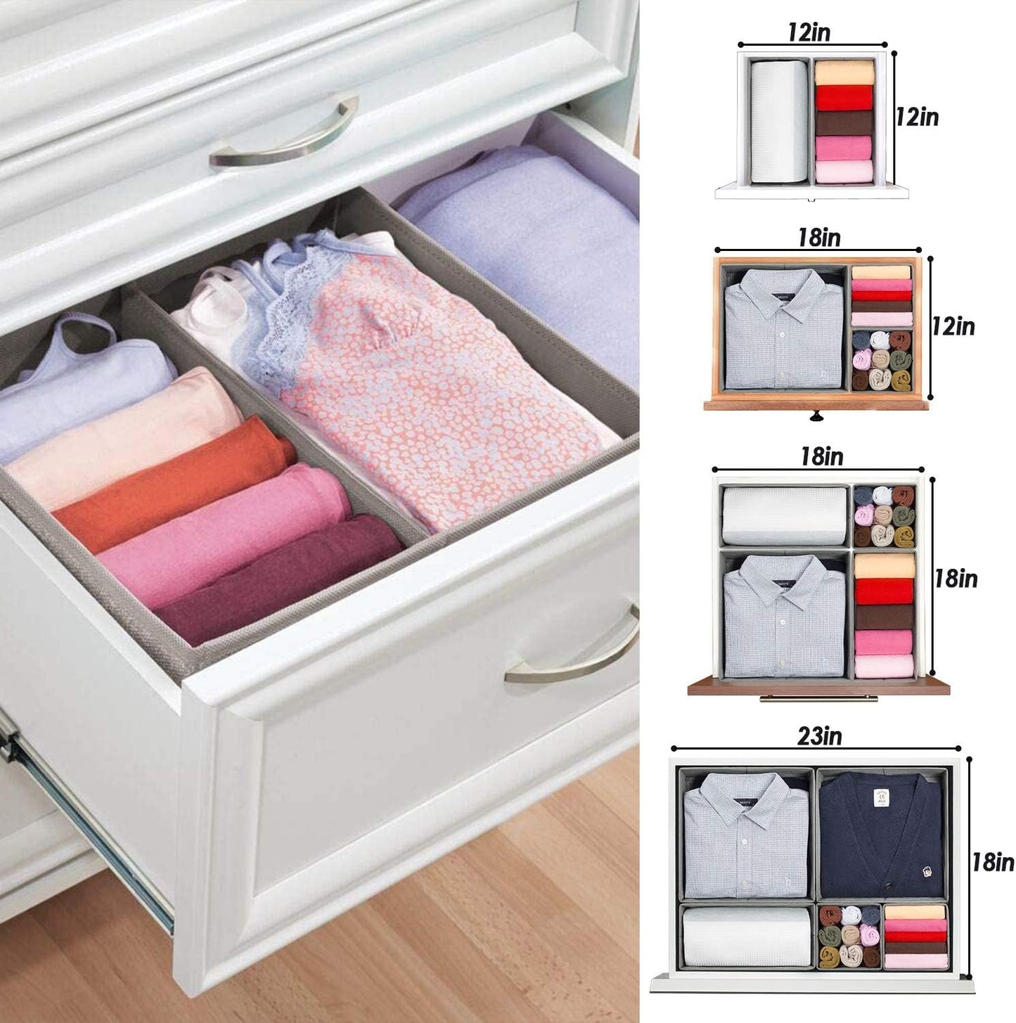 Foldable Underwear Drawer Organizer, Closet Dividers, Storage Box for Clothes, Socks (6 Bins, Gray) (Pack of 2)