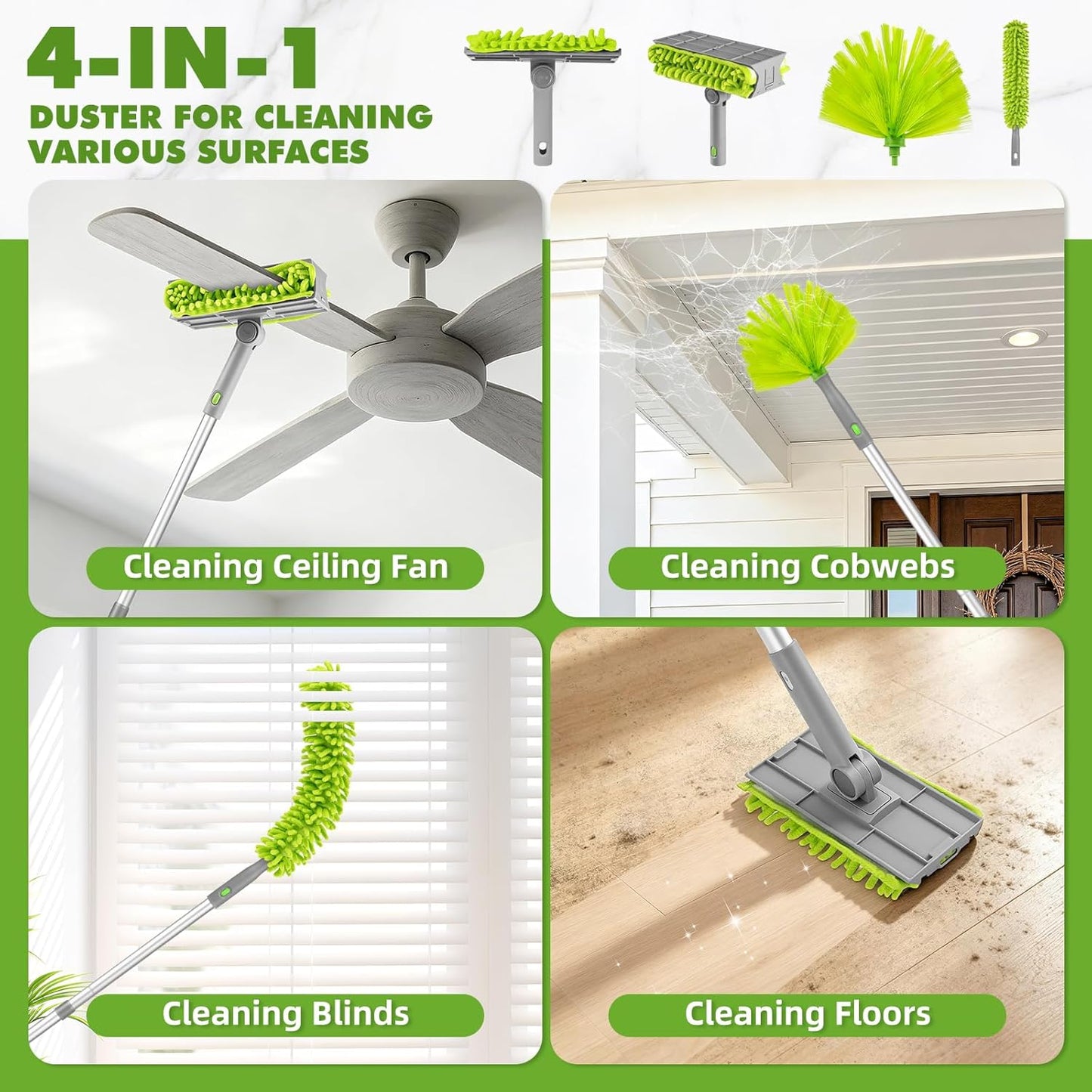 Ceiling Fan Cleaner Duster with 6 Ft/77'' Extendable Long Handle Multi-Functional Chenille Fan Duster for Ceiling Fan Blades, Blind, Cobweb, Vent, Wall