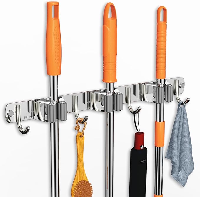 Mop and Broom Holder Wall Mount, Upgraded Broom Organizer Wall Mount, Stainless by CUXIXA