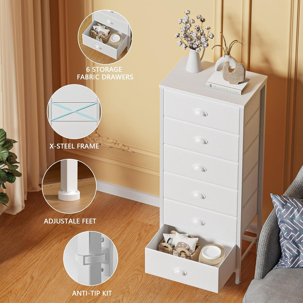 Furnulem White Dresser for Bedroom, 6 Fabric Drawers Chest of Drawers