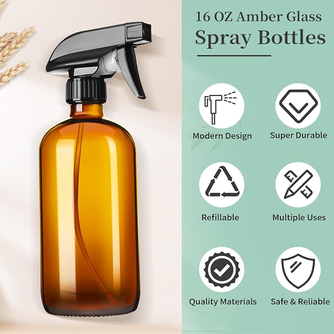 16oz Amber Glass Spray Bottles, 4 Pack Glass Spray Bottles Refillable Empty - Image 6
