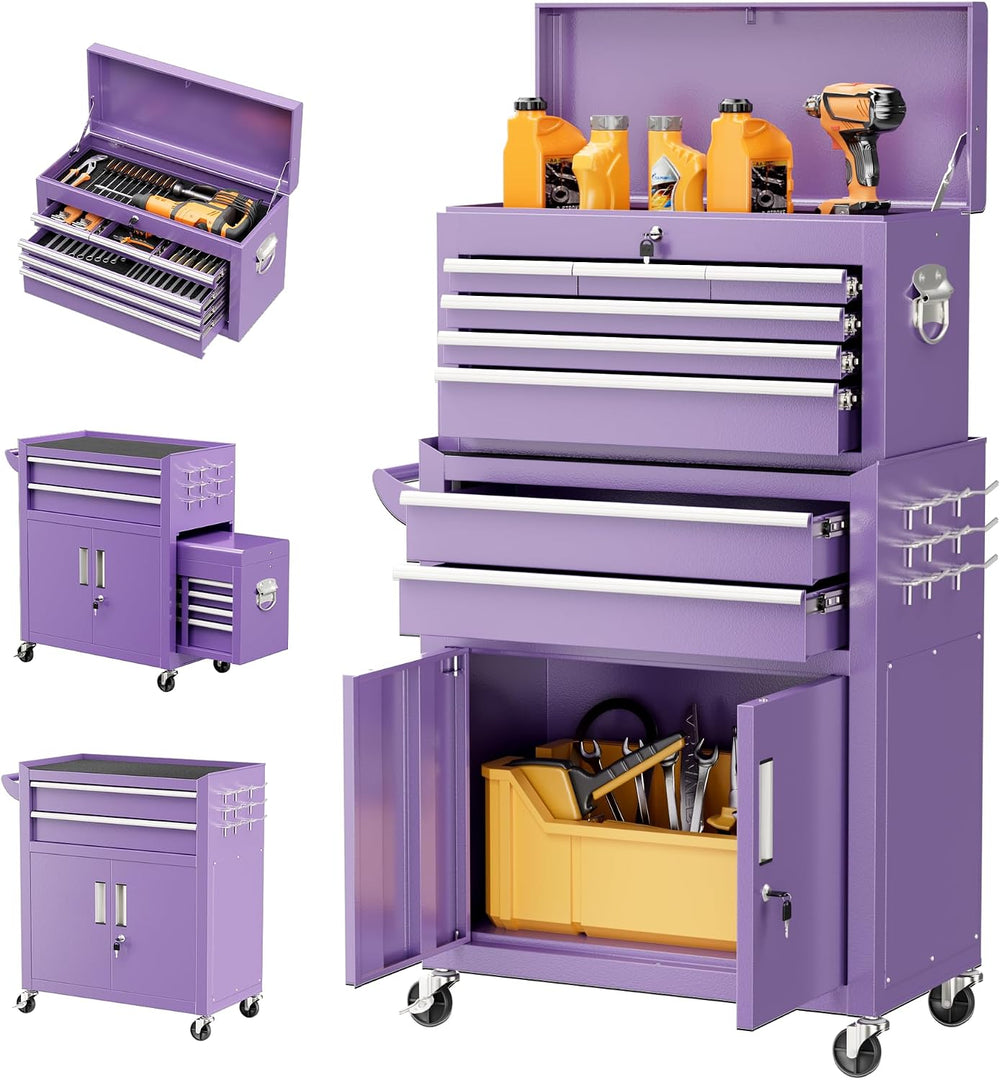 8-Drawer Rolling Tool Chest & Cabinet with Lock and Wheels,Purple