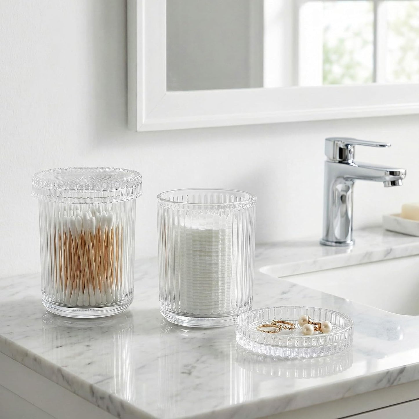 rejomiik 2 Pack Qtip Holder Glass Apothecary Jars with Lids, Ribbed Clear | Bathroom Canisters Vanity Organizer for Cotton Swabs, Balls, Pads, Floss Picks, Candy, Jewelry, Makeup Storage, Decor