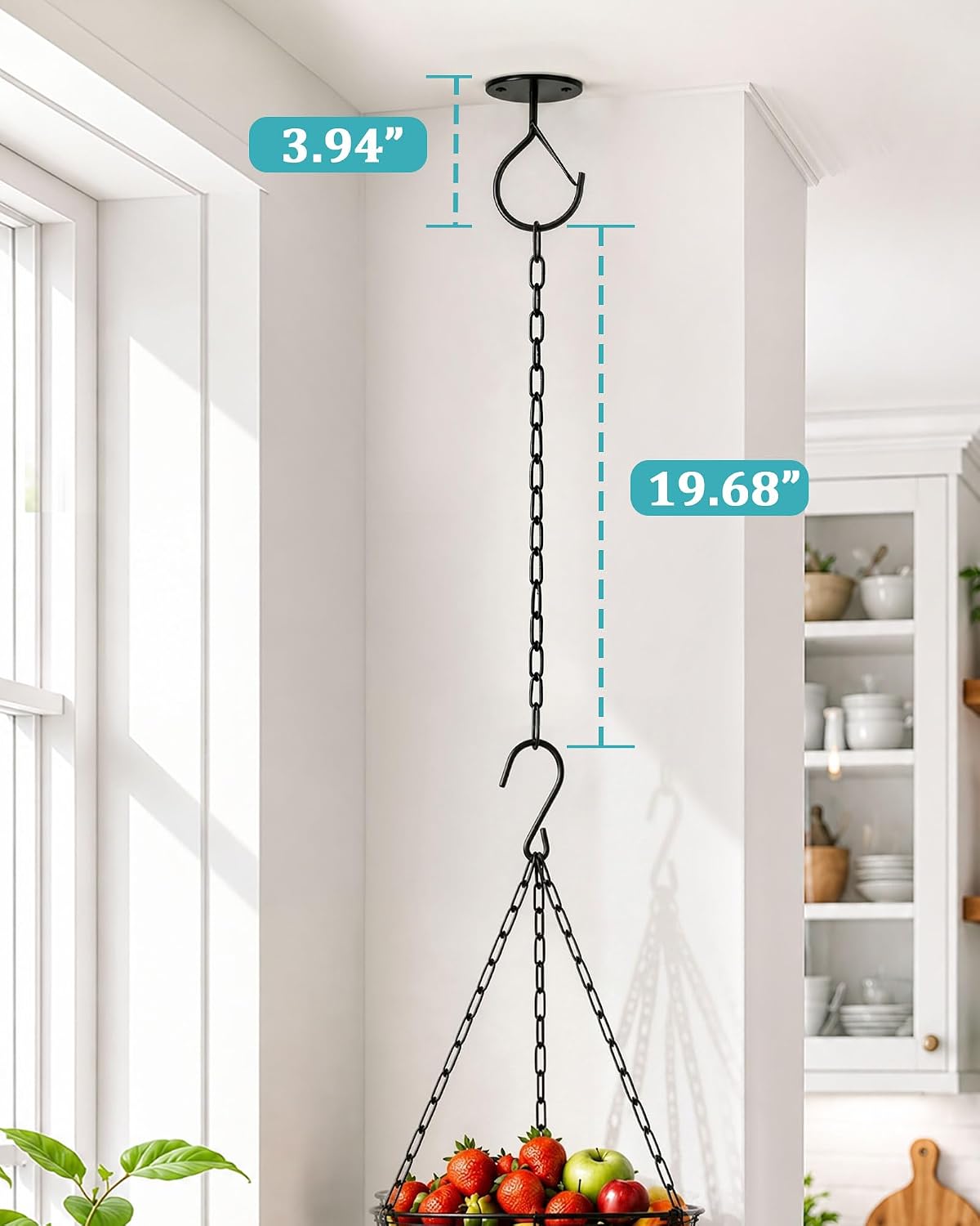 Hanging Fruit Basket for Kitchen, 3-Tier Hanging Fruit Basket | Easy Installation, Ceiling Hook Included, Adjustable Chain, Removable Baskets, Banana Hook, Produce & Vegetable Organizer