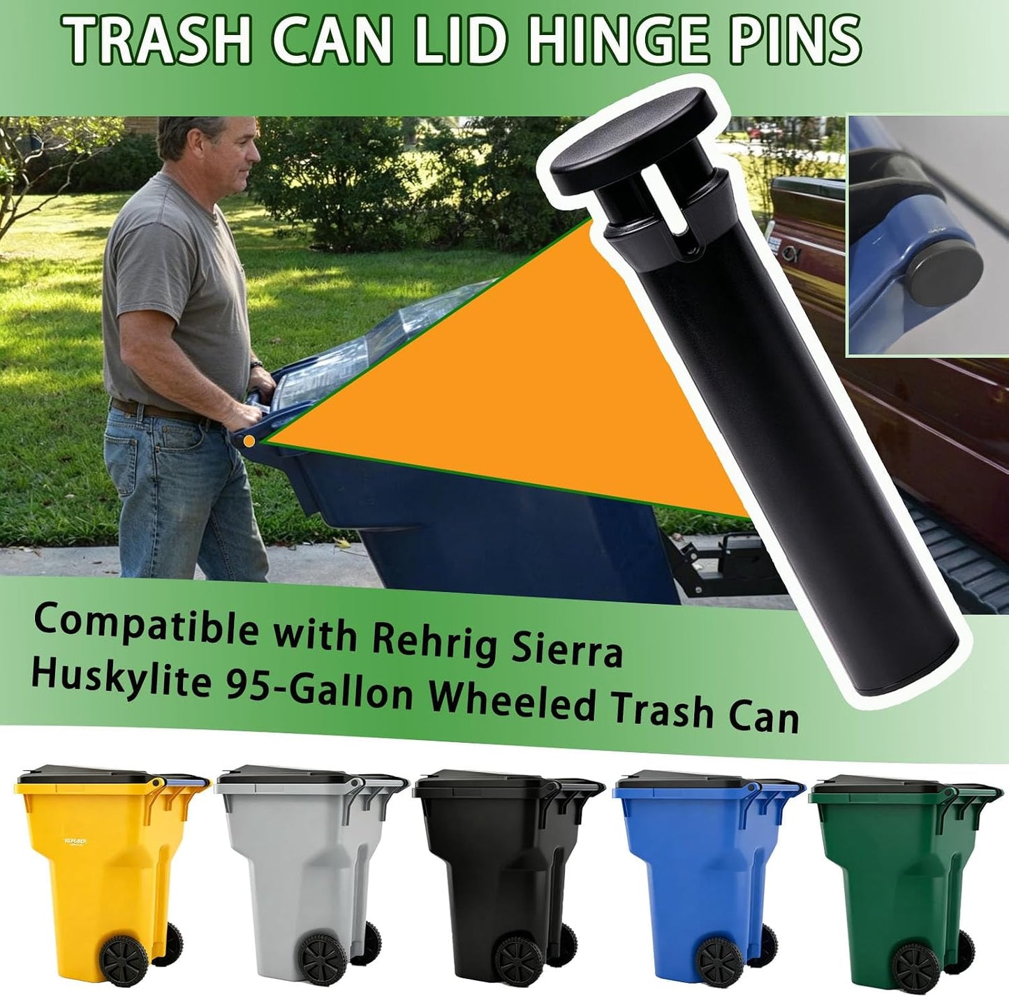 2 Pack Heavy Duty Wheelie Trash Can Bin Lid Hinge Pins Fit for Rehrig Sierra Huskylite 95-Gallon Wheeled Trash Can Lids Latch Stronger for Outdoor Household Commercial Wheelie Trash Bins Accessories