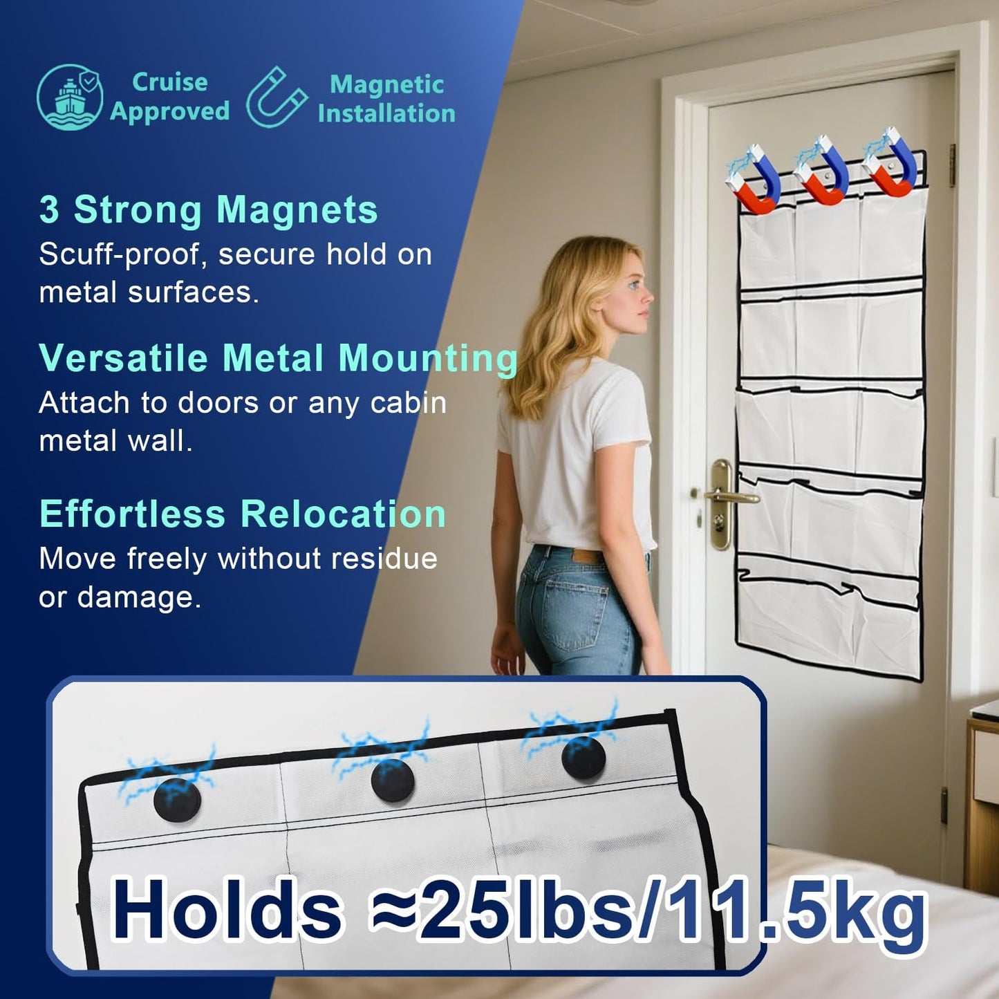 Magnetic Cruise Door Organizer – 13-Pocket Hanging Storage with 2 Large Shoe Pockets, No Hook Needed, Includes 3 Bonus Hooks, 2025 2026 Cruise Ship Essentials for Cabin, Bathroom, or Closet Use